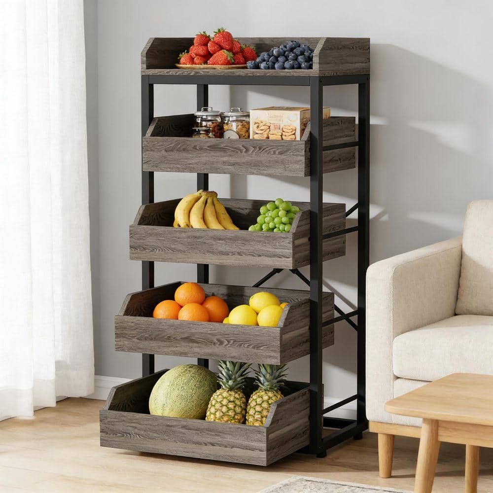 Tileon 5-Drawer Gray Wood Storage Basket Stand, Wine Organizer