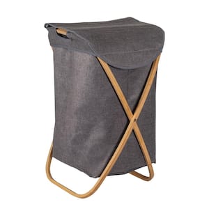Gray and Bamboo Collapsible Canvas Hamper with Handles