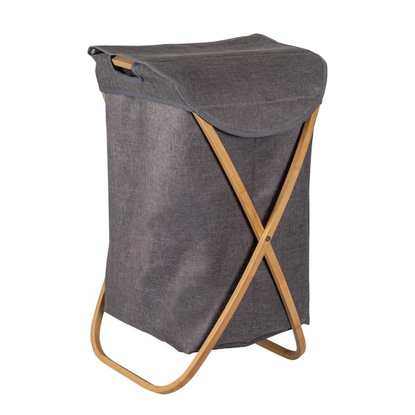 Honey-Can-Do Gray and Bamboo Collapsible Canvas Hamper with Handles