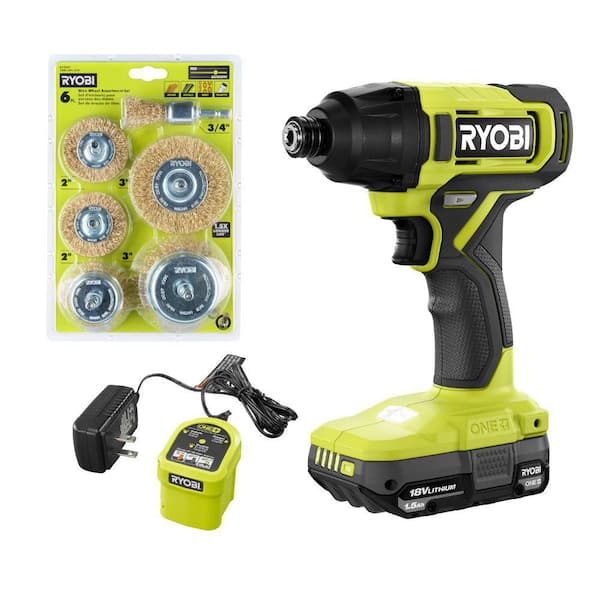 ONE+ 18V Cordless 1/4 in. Impact Driver Kit with 1.5 Ah Battery, Charger, and Wire Wheel Assortment Set (6-Piece)