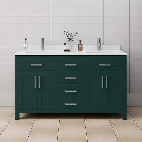 Wyndham Collection Beckett 60 in. W x 22 in. D x 35 in. H Double Sink Bathroom Vanity in Green with Carrara Cultured Marble Top