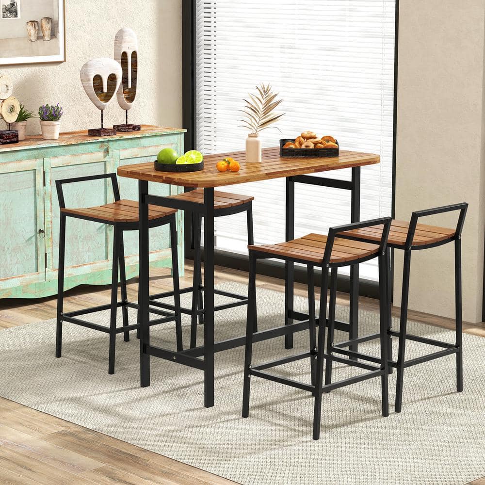 Natural and Black Acacia Wood 5-Piece Bar Height Table Set