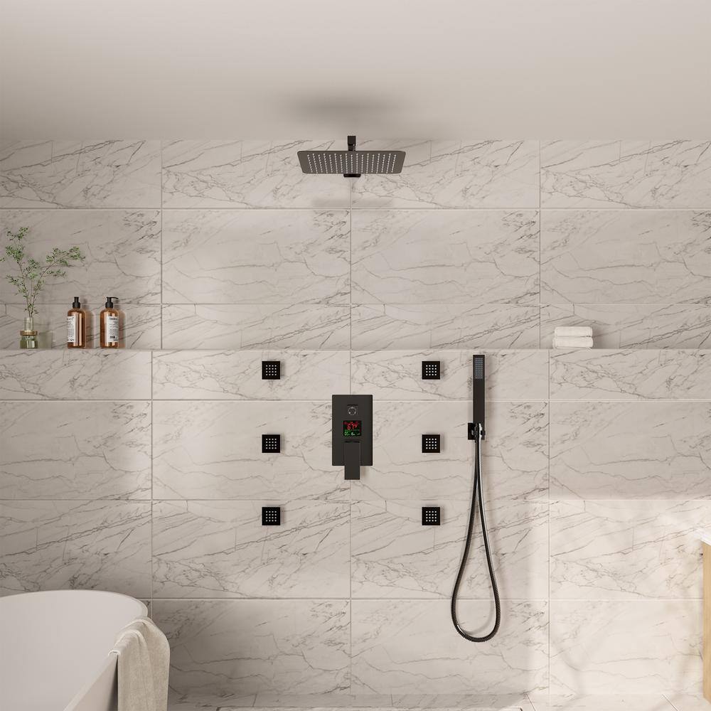 Matte Black 12" Dual Square Wall Mounted Shower System with Body Jets