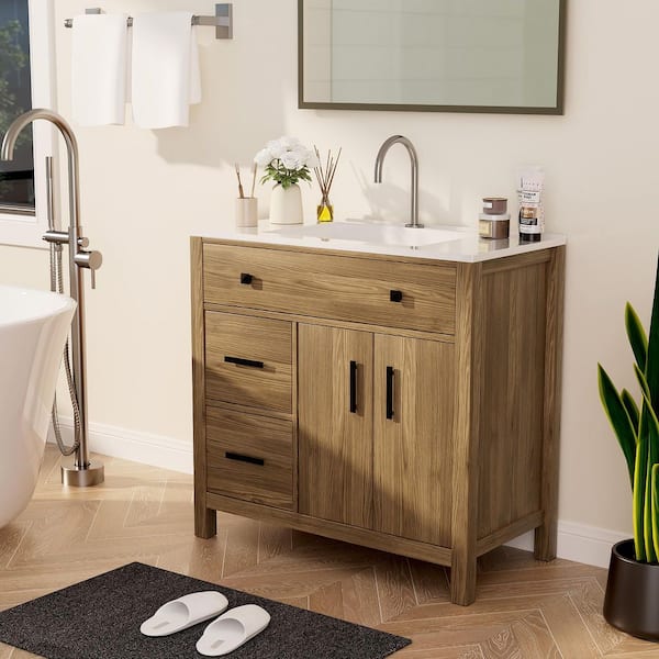 Natural Wood 36 in. Single Sink Freestanding Bath Vanity with White Resin Top and 3-Drawers