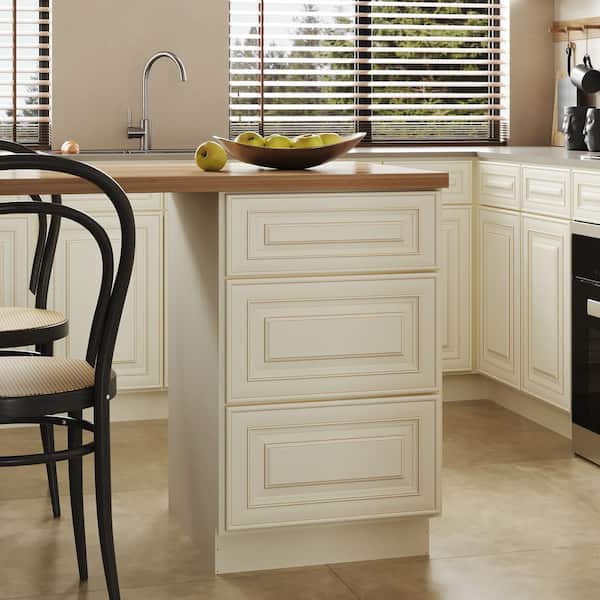 Hausvita 21 in. W x 24 in. D x 34.5 in. H in Cameo White Plywood Ready to Assemble Kitchen Base Cabinet with 3 Drawers