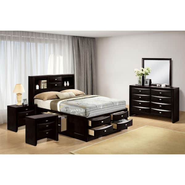 Furniture of America Lanten 5-Piece Black Wood Frame Queen Platform Bedroom Set with Footboard and Side Rail Drawers, Headboard Bookcase