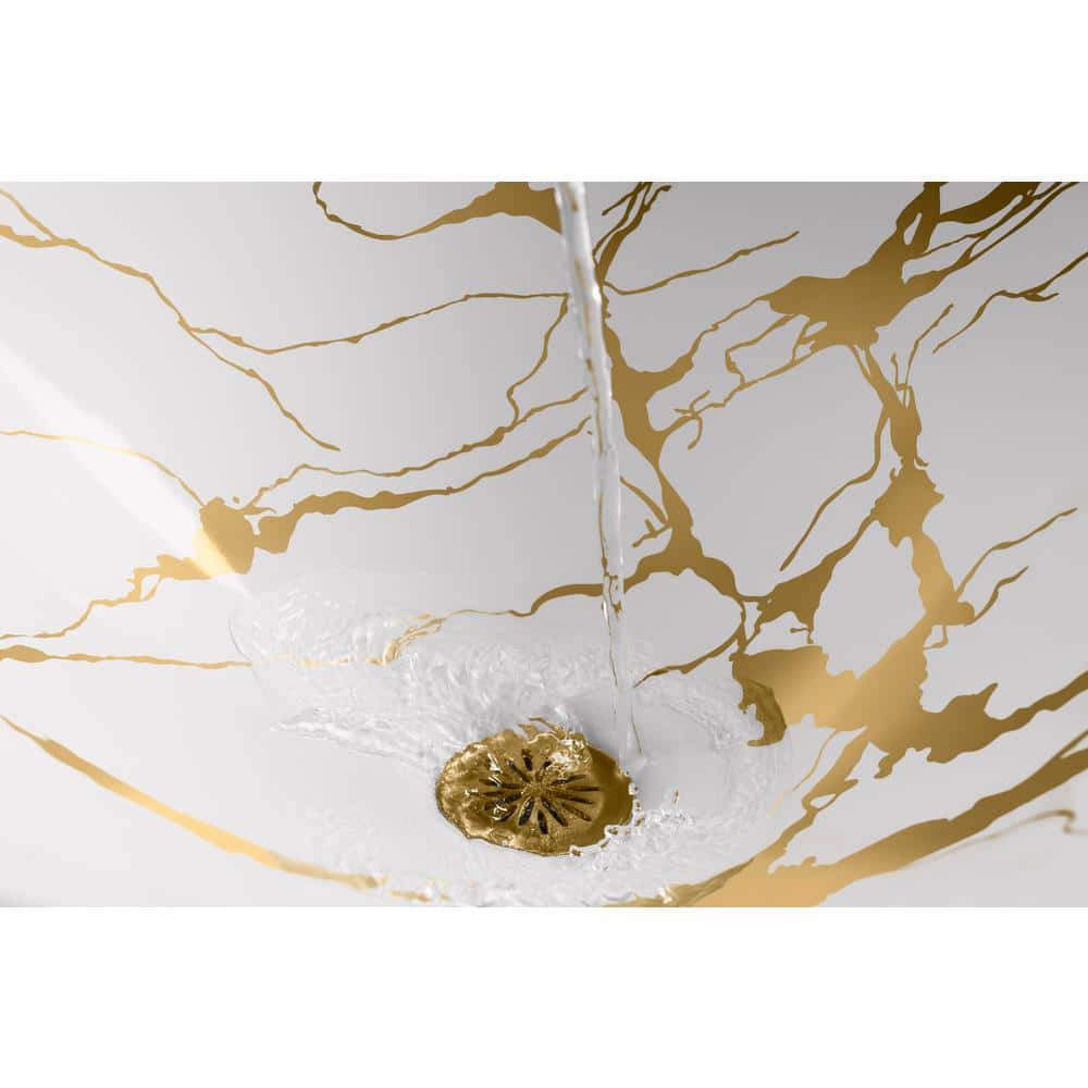 White and Gold Ceramic Square Vessel Bathroom Sink