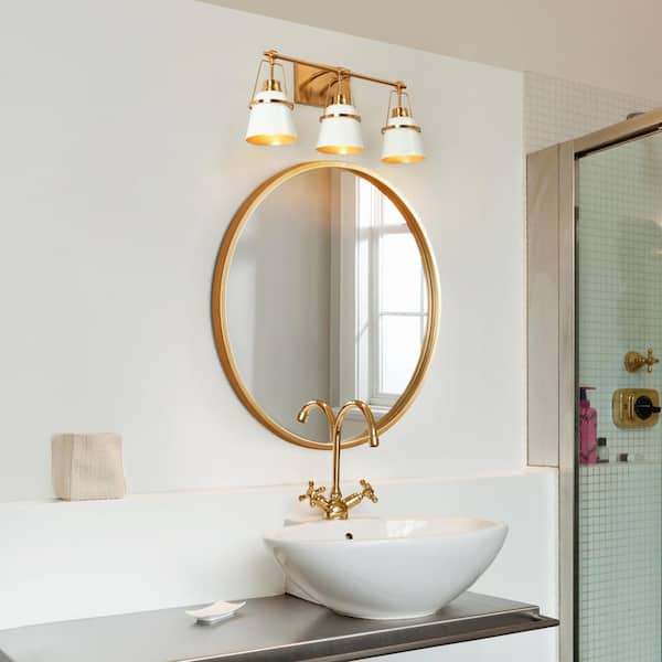 Modern 21.5 in. 3-Light Brushed Gold Bathroom Vanity Light with White Metal Shade