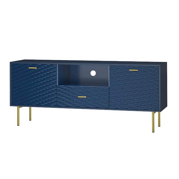JAYDEN CREATION Vincenzo Modern Blue 57.7 in. TV Stand with Metal Legs and Wavy Embossed Texture