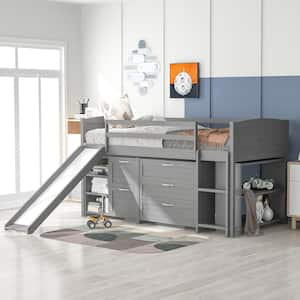 Gray Twin Size Low Loft Bed with Cabinets, Shelves and Slide