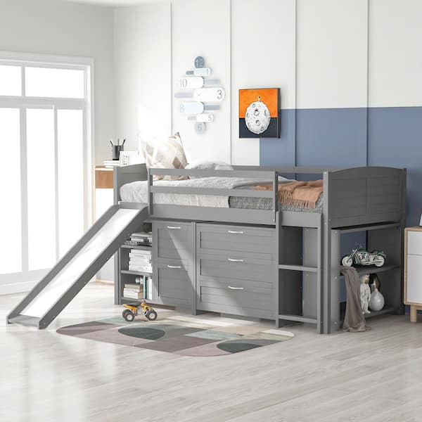 Qualler Gray Twin Size Low Loft Bed with Cabinets, Shelves and Slide
