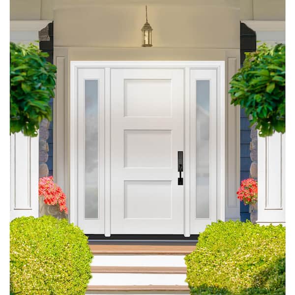 Legacy 68 in. x 80 in. 3P Equal Shaker LHIS Unfinished White Fiberglass Prehung Front Door w/Clear 14 in.SLs 4-9/16 Jamb