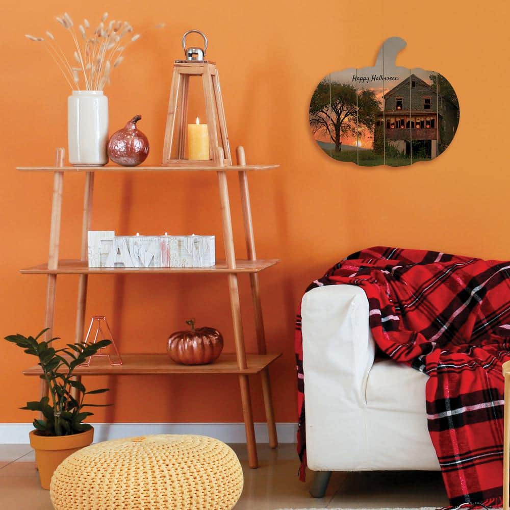Happy Halloween Unframed Wooden Pumpkin Wall Art Print 15 in. x 17.25 in. f