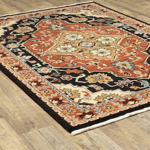 Lillian Black/Red 8 ft. x 11 ft. Medallion Traditional Oriental Wool/Nylon Blend Fringed-Edge Indoor Area Rug