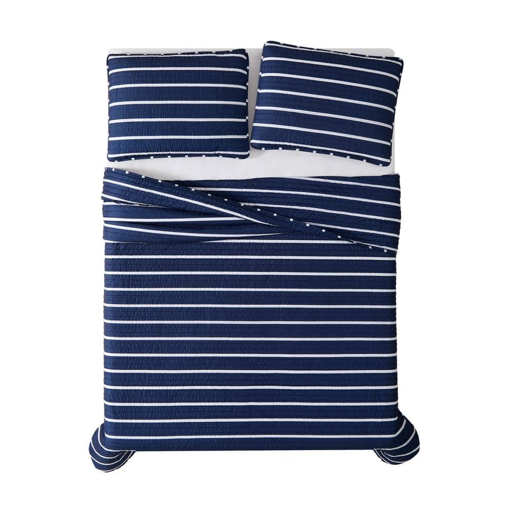 Navy and White Striped Microfiber Full Quilt Set