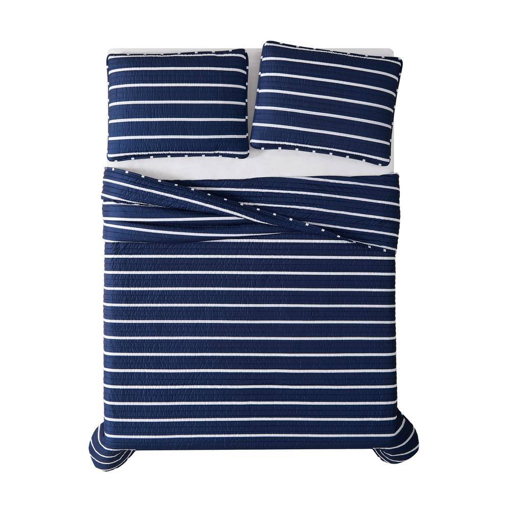 Navy and White Striped Twin XL Microfiber Quilt Set