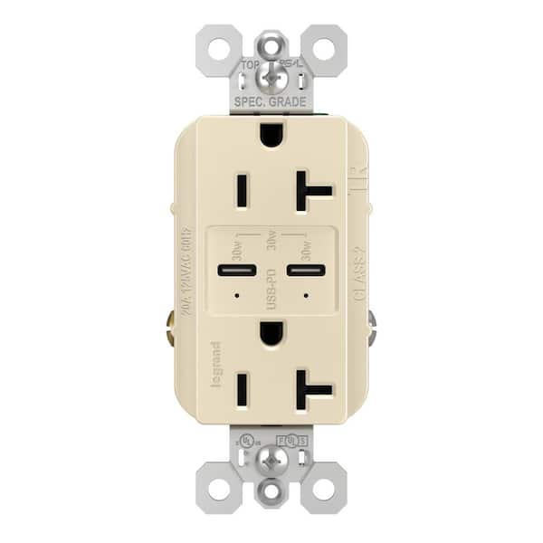 radiant 20 Amp 125-Volt Tamper-Resistant Duplex Outlet with Ultra-Fast PLUS Power Delivery USB C/C, Light Almond