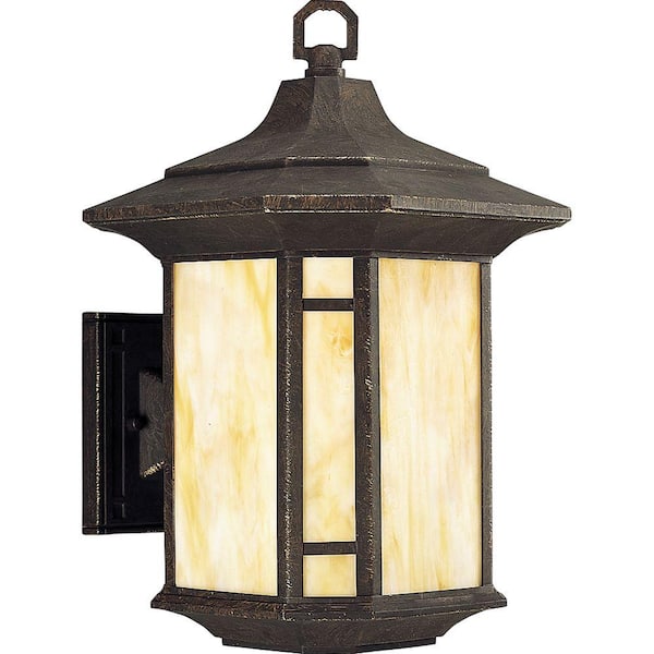 Arts And Crafts Collection 1-Light Weathered Bronze Honey Art Glass Craftsman Outdoor Large Wall Lantern Light