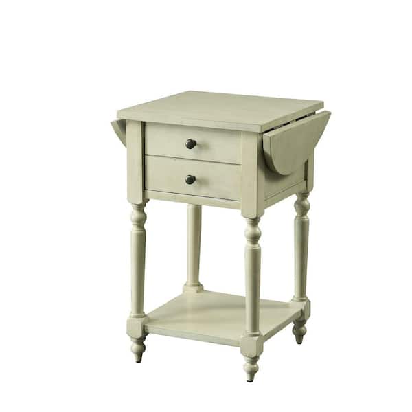 Beadle Antique White Side Table with Open Bottom Shelf, Double Drawer Front and Expandable Leaf Top