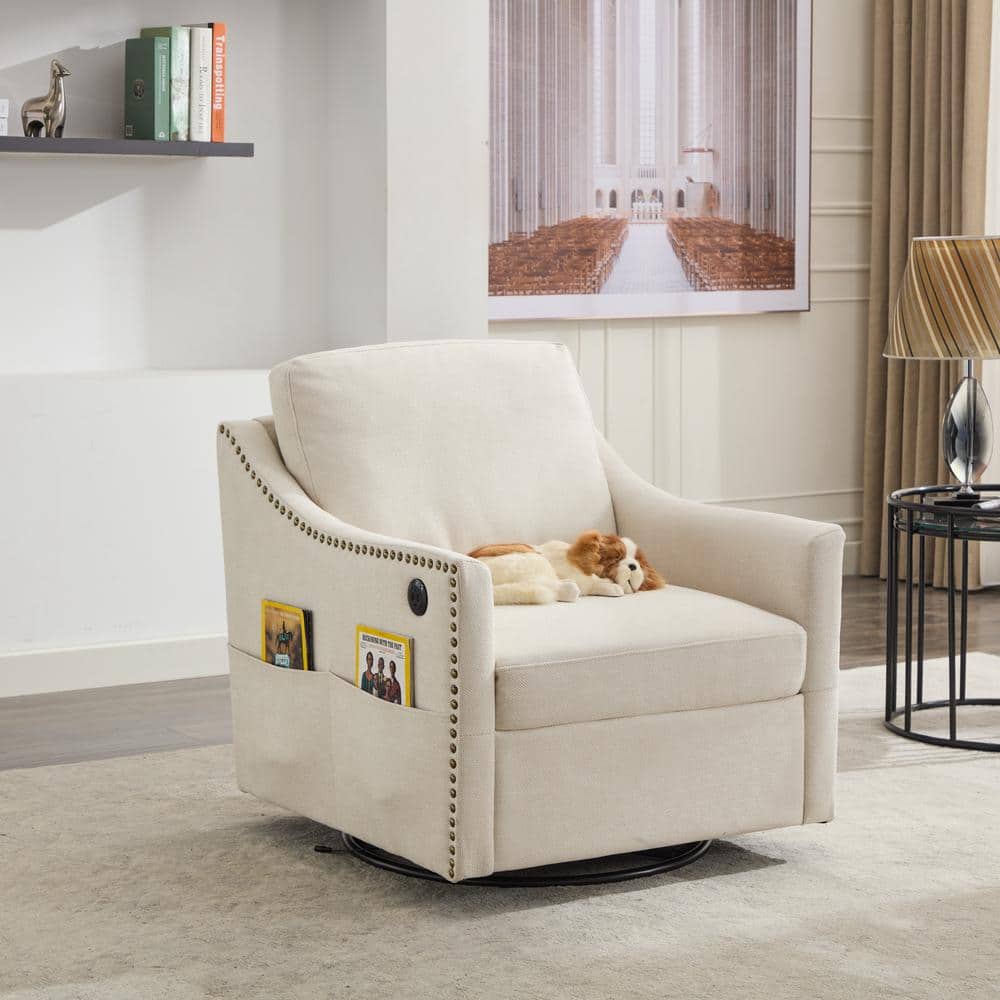 Cream Swivel Rotating Accent Chair with USB and Pockets Upholstered Fabric 