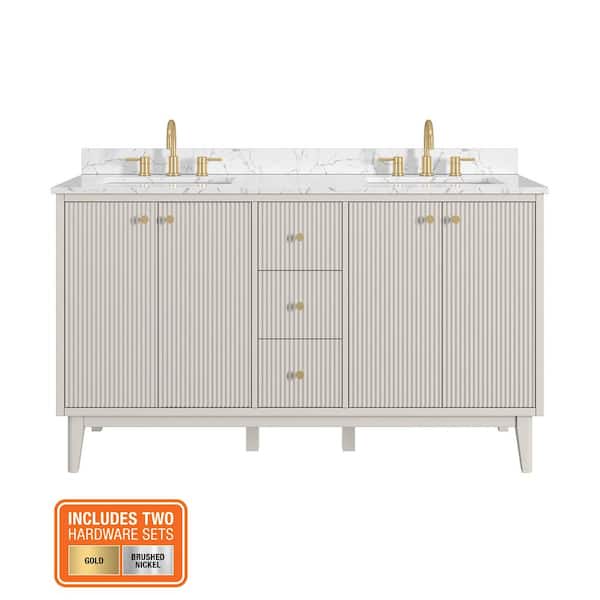 Sylvie 60 in. Double Sink Freestanding Dove Bath Vanity with Volakas Engineered Stone Top (Assembled)