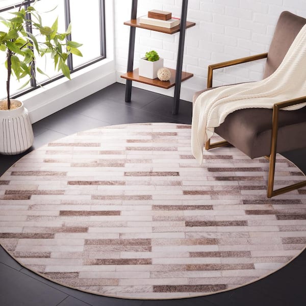 Faux Hide Beige/Brown 6 ft. x 6 ft. Machine Washable Plaid Geometric Round Area Rug