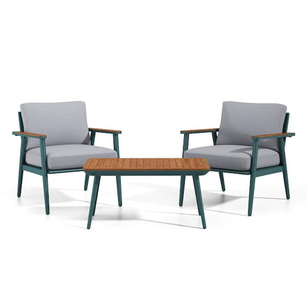 Furniture of America Gremash Green and Oak 3-Piece Aluminum Patio Conversation Set with Gray Cushions