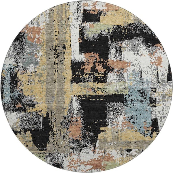 Mayfield Premium Machine Washable Abstract AMF2212 Black 8 ft. x 8 ft. Round Rug