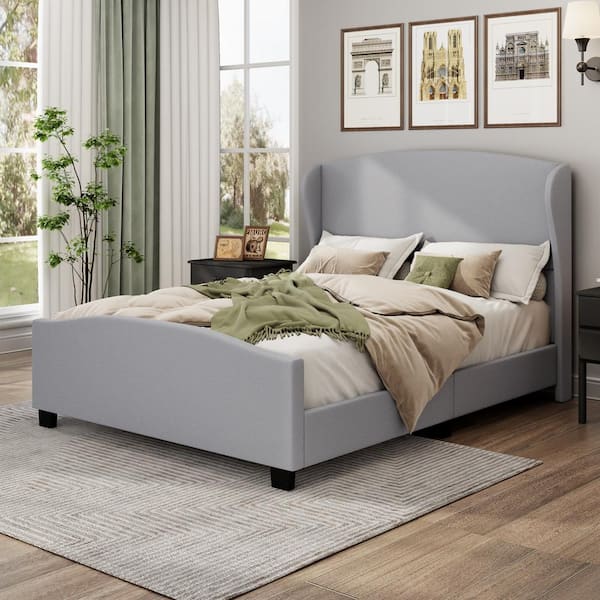 Noble House Ashford Gray Wood Frame King Size Modern Linen Platform Bed with Wingback Headboard