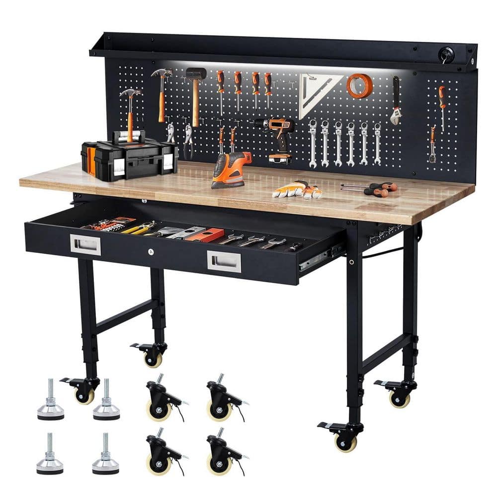 60 in. W x 22 in. D Black Metal Workbench Table with Wood Top, 6-Level Height Settings, Locking Casters, Power Outlet price history on PriceWatchPro