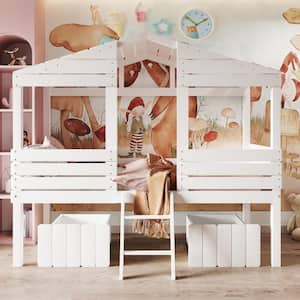 Twin Size Low Loft Wood House Bed with Two Storage Drawers,Roof and Window, Playhouse for Kids