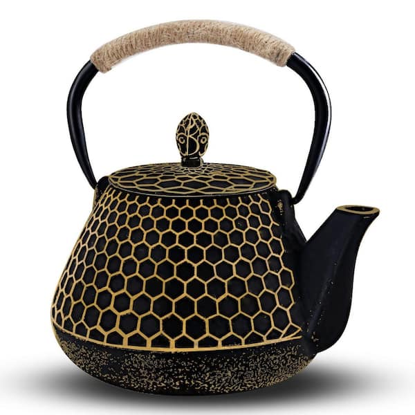 4-Cup Black and Gold Cast Iron Tea Pot, Honeycomb Pattern Tea Kettle with Tea Leaf Infuser, Stovetop Tea Kettle