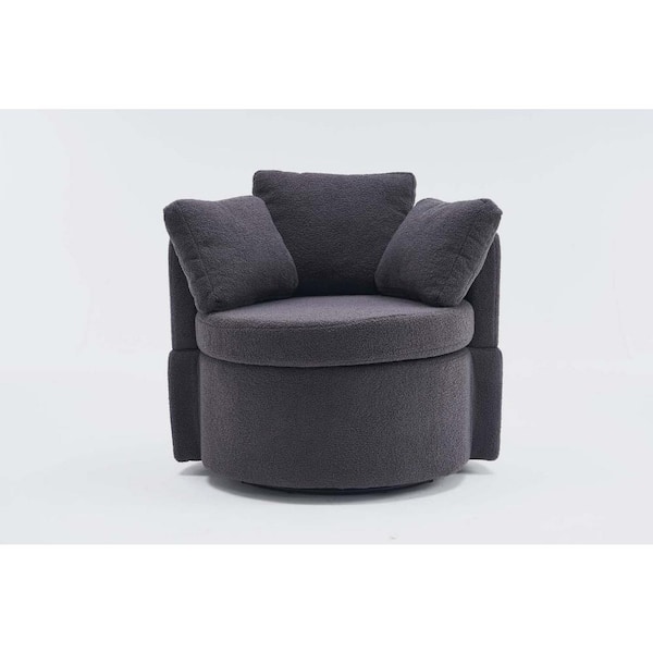 wetiny Dark Gray Teddy Fabric Swivel and Storage Barrel Chair with Back Cushion