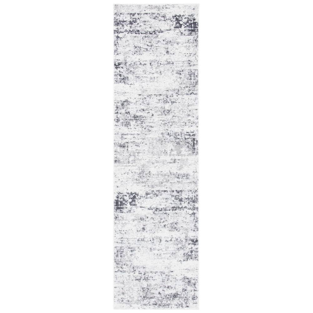Ivory and Grey Abstract Hand-knotted Runner Rug