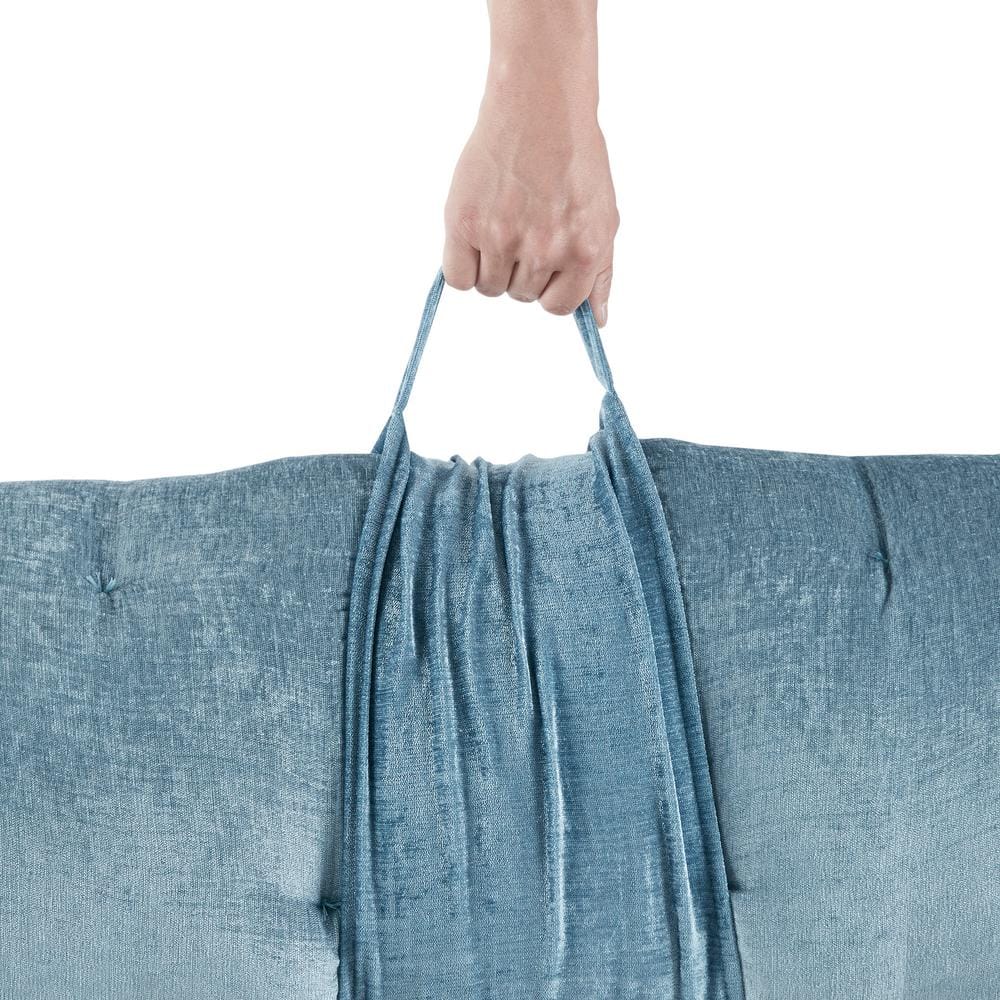 Aqua Blue Chenille Tufted Long Floor Cushion with Travel Wrap