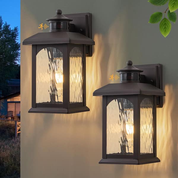 2-Pack 12 in. Oil Rubbed Bronze Motion Sensing Dusk to Dawn Outdoor Hardwired Wall Lantern Scone with No Bulbs Included