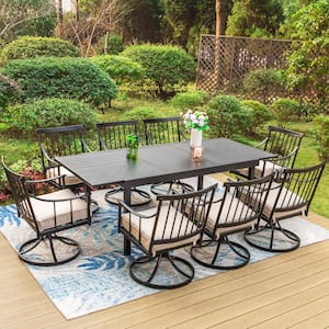 9-Piece Metal Patio Outdoor Dining Set with Extensible Carve Pattern Table and Swivel Chairs with Beige Cushion