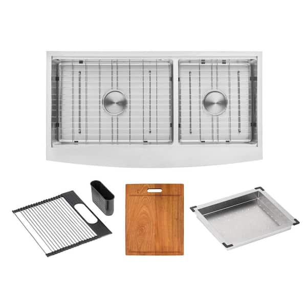 eModernDecor Workstation 42 in. Farmhouse Apron 16G Double Bowl Stainless Steel Kitchen Sink w/ Integrated Ledge- 15mm Tight Radius