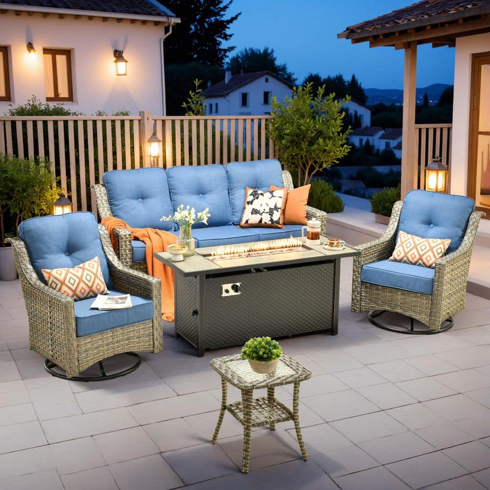 Cherry 5-Piece Wicker Outdoor Fire Pit Furniture Patio Conversation Sofa Set with Swivel Chairs and Sky Blue Cushions price history on PriceWatchPro