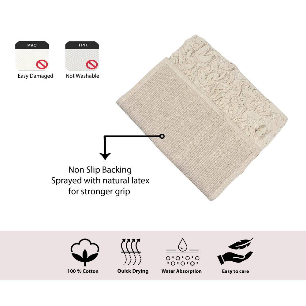 Ivory Cotton Tufted Floral Bath Rug with Non-Slip Backing