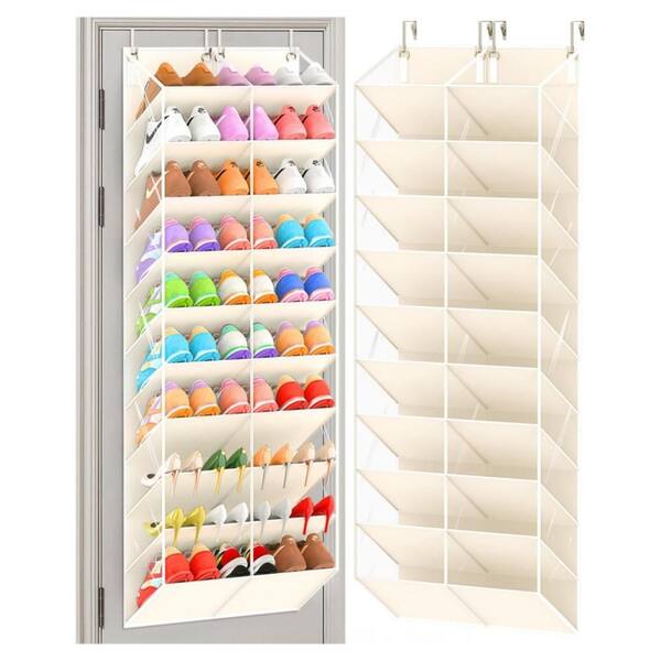Beige Over The Door Shoe Organizer, 10 Tier 20 Pockets Hanging Storage, Breathable Transparent Closet Luggage Organizer