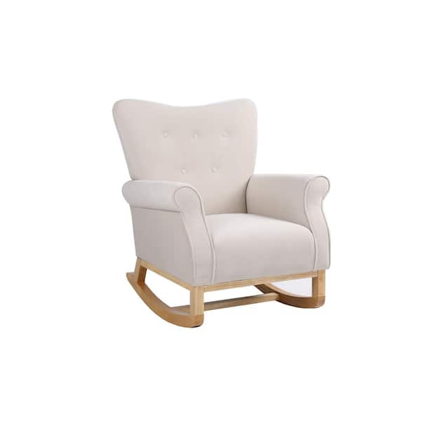 Sudzendf Beige Modern Wood Outdoor Rocking Chair with High Back, Solid Wood Legs