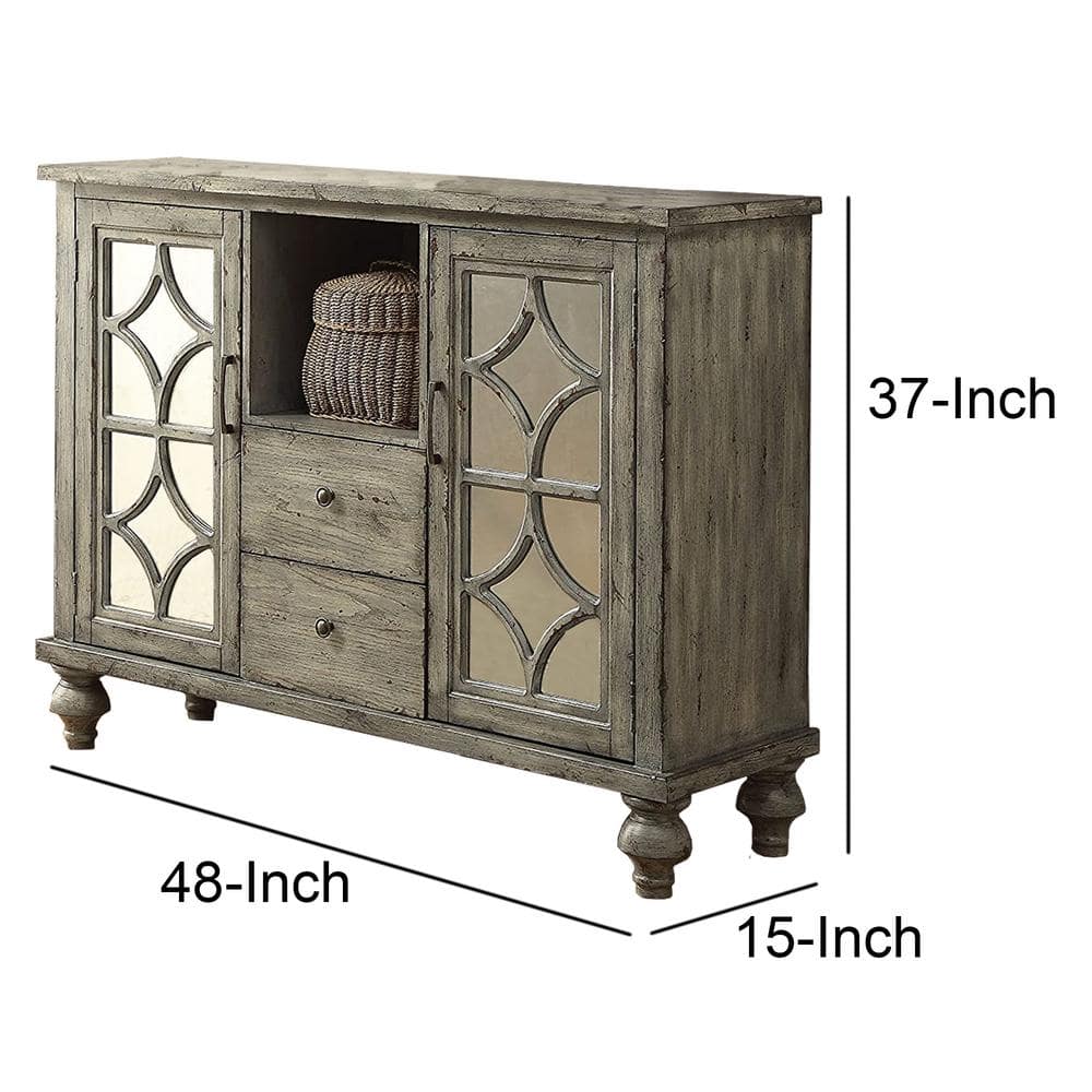 Weathered Gray Mirrored Console Table with Diamond Trim Inlay