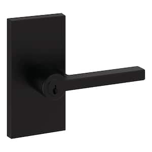 Entry Satin Black Right Hand Square Door Lever with Contemporary 5 in. Rose