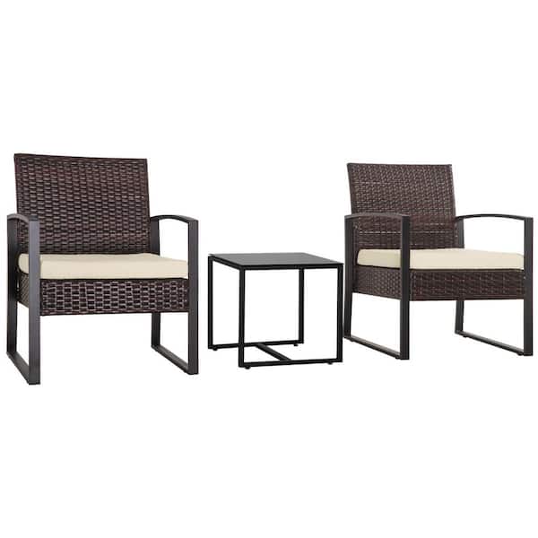 Sudzendf 3 Piece Outdoor Brown PE Wicker Patio Conversation Set with Beige Cushions