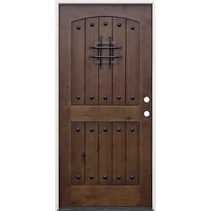 36 in. x 80 in. Walnut Left-Hand Inswing Arched 2-Panel Speakeasy Stained Alder Prehung Front Door with 6-9/16 in. Jamb