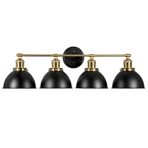 Savannah Farmhouse 34.25 in. W 4-Light Matte Black Indoor Bathroom Dimmable Vanity Light Metal Shade with Gold Trim