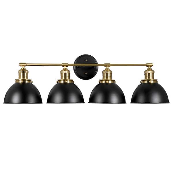 Design House Savannah Farmhouse 34.25 in. W 4-Light Matte Black Indoor Bathroom Dimmable Vanity Light Metal Shade with Gold Trim