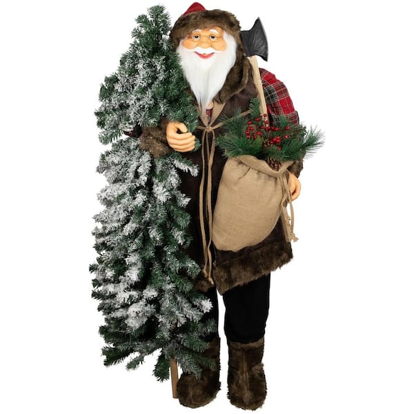 Standing Woodland Santa Claus with Flocked Alpine Tree Commercial Christmas Figure-5'