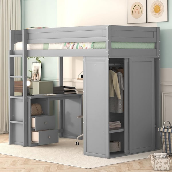Harper & Bright Designs Gray Twin Size Wood Loft Bed with Wardrobe, 2-Drawer Desk and Cabinet
